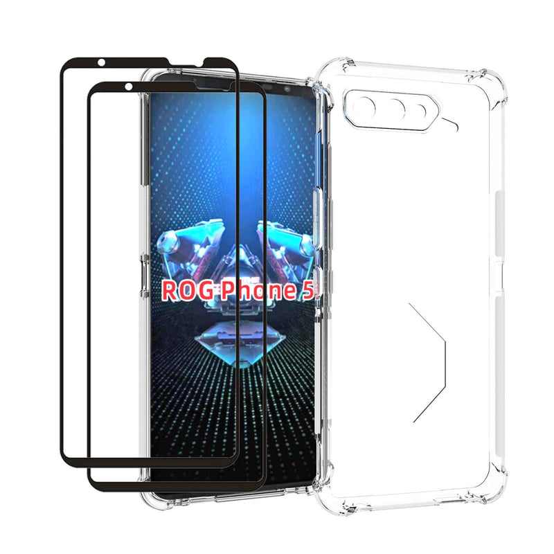 QCMM Compatible for Asus ROG Phone 5 / ROG Phone 5 Pro/ROG Phone 5 Ultimate Case with Tempered Glass (2 Pieces) Slim Shock Absorption TPU Soft Edge Bumper with Reinforced Corners Protective Cover