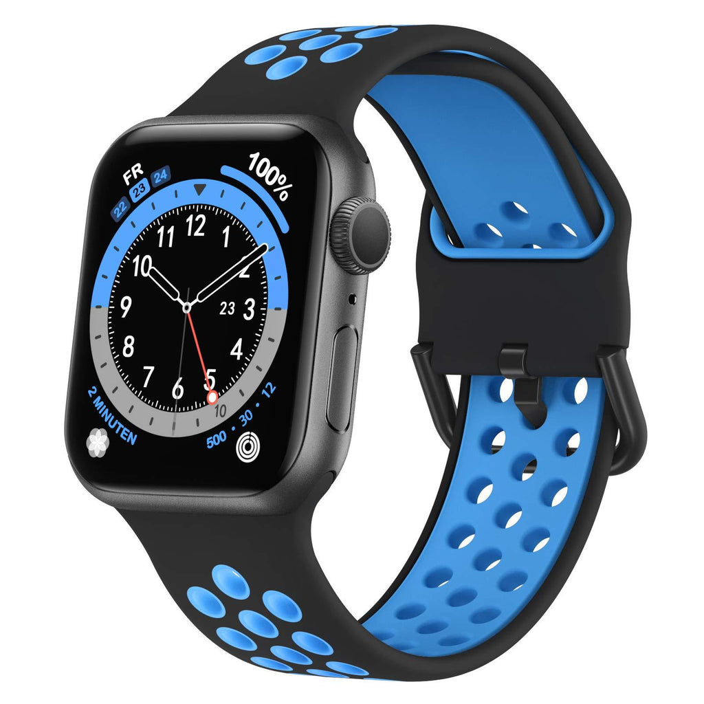 Marlova Compatible with Apple Watch Bands 40mm 38mm, Soft Silicone Breathable Air Hole Sport Wristbands with Classic Clasp for iWatch Series Se/6/5/4/3/2/1, Black/Blue 38mm 40mm (Watch Not Included) Black-Blue 38mm/40mm