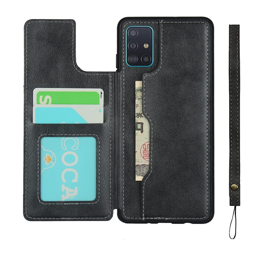 EYZUTAK Wallet Case with Card Holder for Samsung Galaxy A51 4G,Premium PU Leather Flip Case with Snap Button,Protective Bumper Phone Cover[Shockproof] Back Flip Cover with Lanyard Card Pocket-Black Black