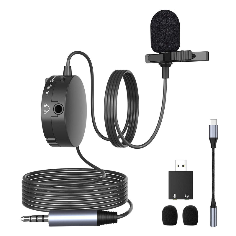 Lavalier Microphone Omnidirectional Recording Lapel Mic with Clip - 20Ft, Professional Mic Compatible with Phone, Camera, PC, Mac OS, Noise Reduction, for Video/Interview/Vlogging, with Headphone Jack