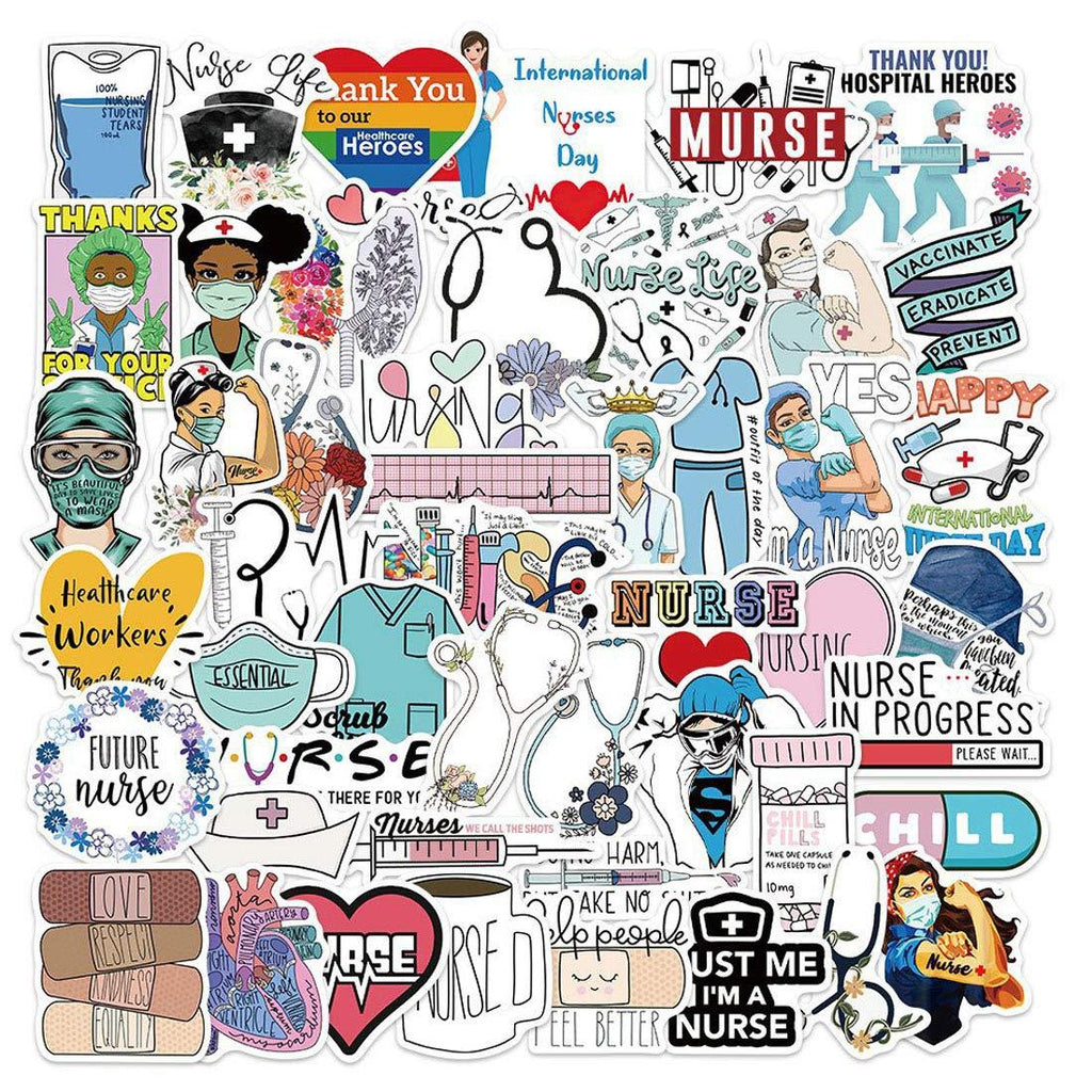 50pcs Funny Nurse Vinyl Stickers and Decals for Water Bottles Laptop Cars Planners Scrapbooking Graduation Cap Tumblers MacBook Pro Phone Yeti Cups Computer Vehicles Nurse Stickers