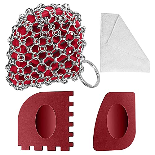 Herda Cast Iron Skillet Scrubber Scraper Tool, 4Pieces Pot Cleaner Cleaning Care Kit- 316 Chainmail Scrubber for Iron Pan Dish, Chain Link Metal Scrubber Iron Skillet Grill Griddle Brush Scrub Sponge Red Kit