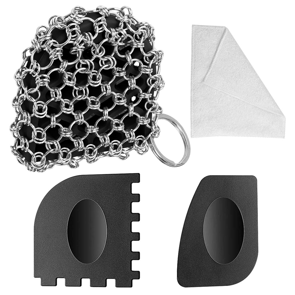 Herda Cast Iron Scrubber Skillet Scrapers Kit, 4Pieces Castiron Cleaning Kit 316 Chain Mail Scrubber for Pan Pot, Cast Iron Cleaner Iron Skillet Care Accessories Scraper Tool for Grill Griddle Pan Wok Black Kit