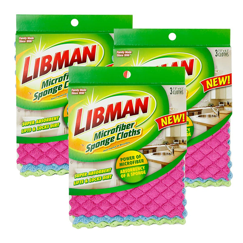 Libman 1482 Microfiber Sponge Cloths – Combines The Best of a Sponge and Dish Cloth, Includes 3 Packs of 3 Sponge Cloths (9 Total Sponge Cloths), Pink, Blue and Green