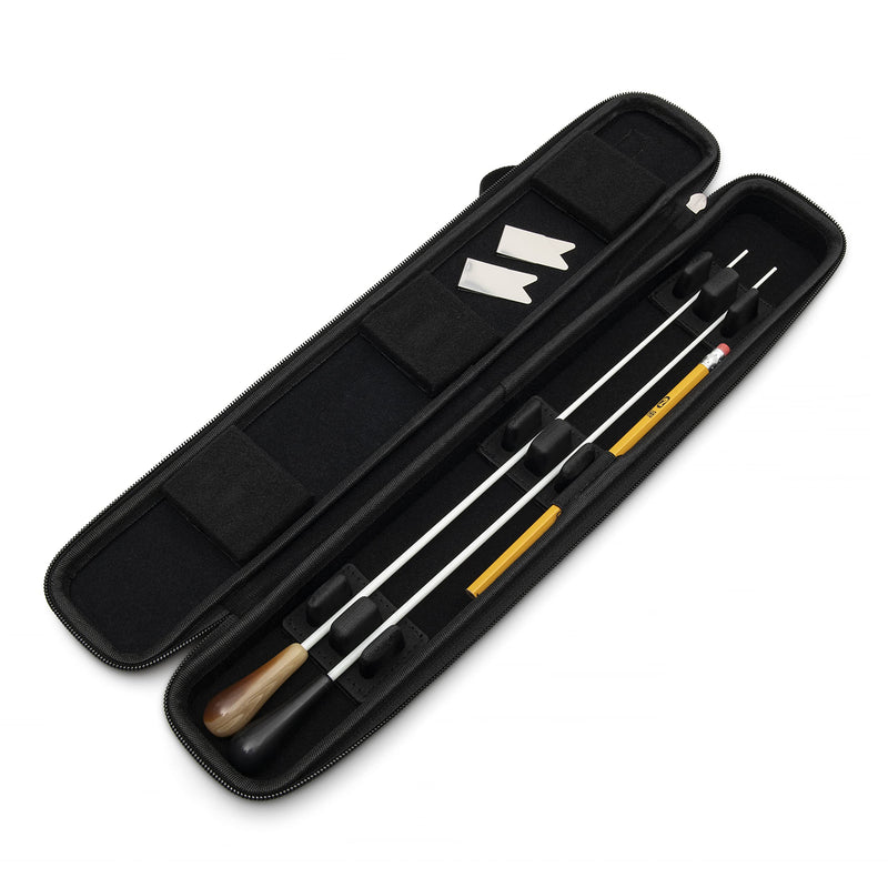 Conducting Baton Case - Holds 2 Batons up to 16" (batons not included) - Includes Carrying Strap and 2 Metal Bookmarks - Adjustable Support Inserts and Lid Pads - Keeps Conductor Sticks Secure