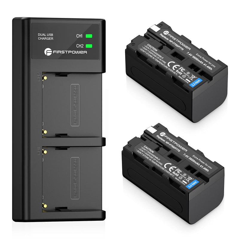 FirstPower NP-F750 Battery (2-Pack/5600mAh) and Dual USB Charger for Sony NP-F550 F570 F750 F770 F960 F970 Battery Sony CCD-TRV215 CCD-TR917 CCD-TR315 HDR-FX1000 HDR-FX7 HVR-V1U HVR-Z7U HVR-Z5U