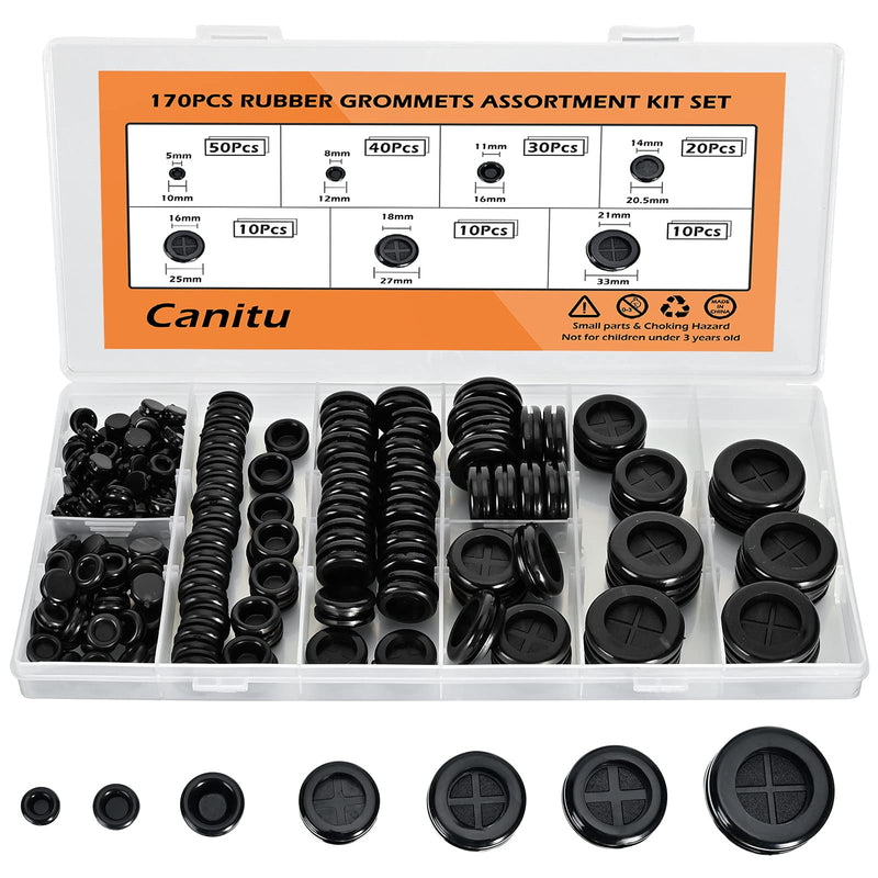 Canitu 170Pcs Rubber Grommet, Double Sided Round Rubber Plug Hole Grommets Kit 7 Sizes Drill Hole Firewall Electrical Gasket for Protecting Cable Wire Hole Plug Assortment Automotive Supply 170Pcs Double Sided Rubber Grommet
