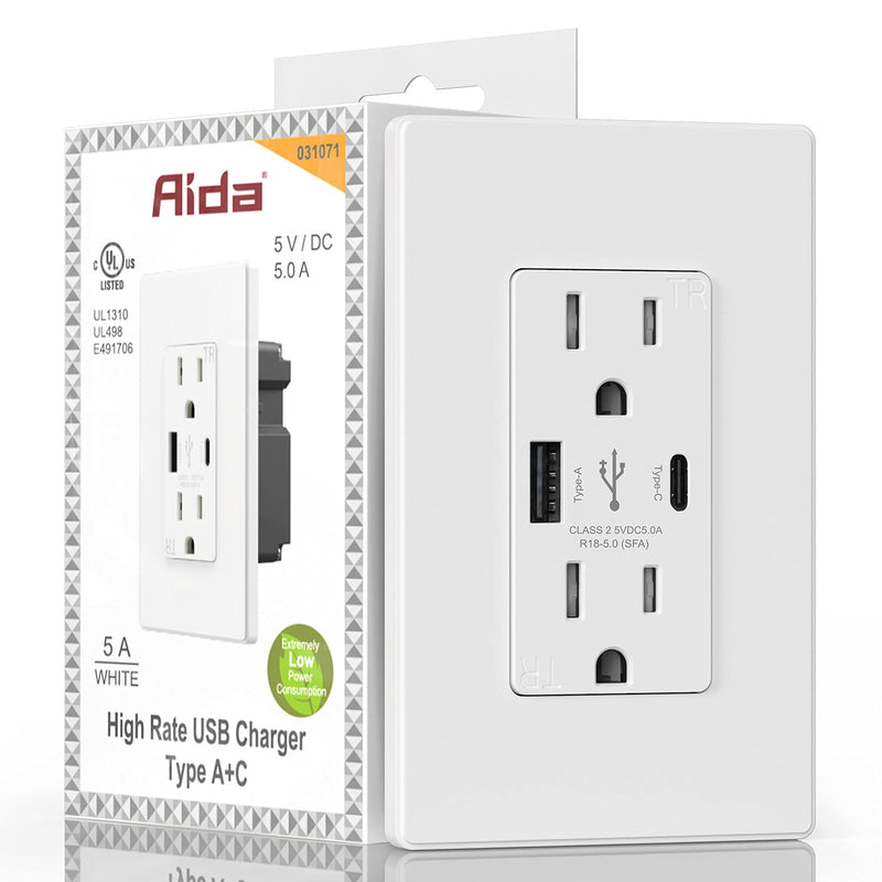 AIDA Type C USB Outlet Receptacle, 25W 5.0 Amp Fast Charge USB Outlets with 15 Amp Tamper Resistant Wall Outlet White, Compatible with iPhone/Samsung/Google/Fire/LG, UL Listed ( White, 1 Pack ) 15Amp&TypeAC