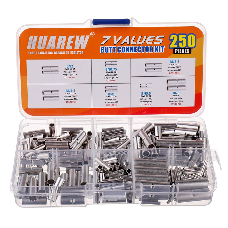 HUAREW 7 Values 250 Pcs 26-22AWG 22-18AWG 22-16AWG 16-14AWG 14-12AWG 12-10AWG 8AWG Electrical Wire Seamless Non Insulated Butt Connector Crimp Ferrule Terminals
