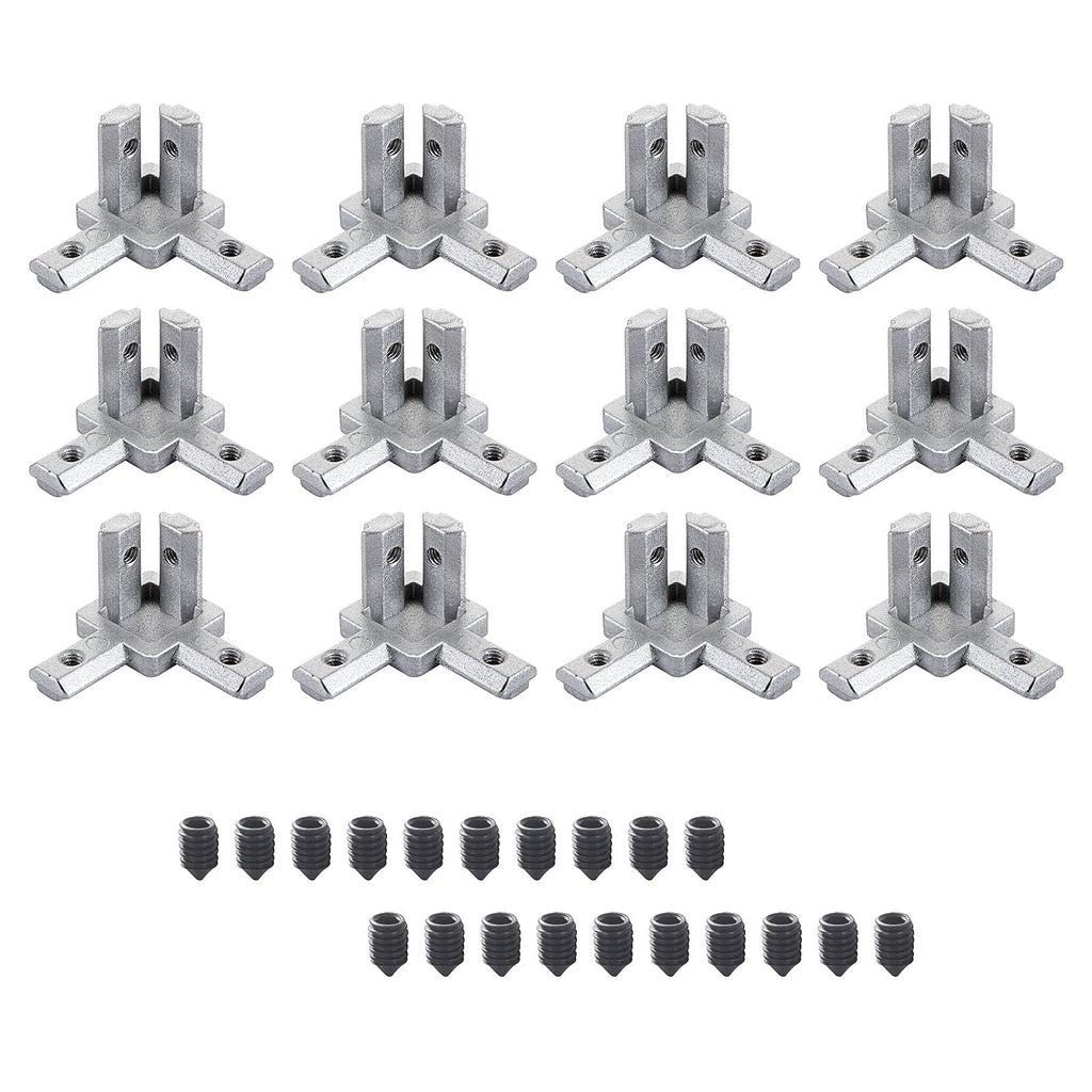 12 Pack 2020 Series 3-Way End Corner Bracket Connector with Set Screws, Solid End Corner Bracket for European Standard 6 mm T-Slot Aluminum Extrusion Profile, Thickness 5mm, Silver
