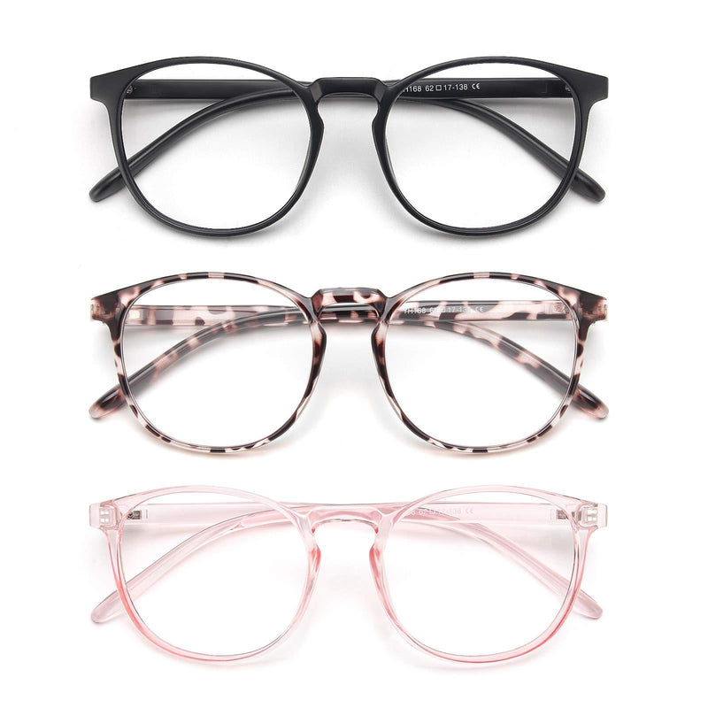 IBOANN 3 Pack Blue Light Blocking Glasses Women/Men, Round Fashion Retro Frame, Vintage Fake Eyeglasses with Clear Lens A4 Matte Black & Leopard & Clear Pink