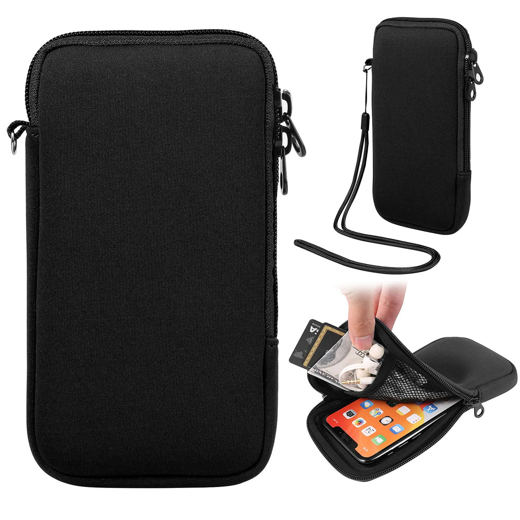 Zipper Phone Sleeve Pouch w/Neck Lanyard Compatible for Apple iPhone 12 Pro Max/Huawei Mate 40 Pro / P40 Pro/LG W41 Plus/Motorola G10 G30 / G Power Play/Xiaomi Mi 11 / Redmi Note 9T (Black) Black