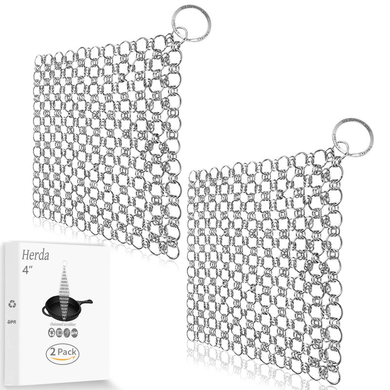 2Pack Cast Iron Cleaner Stainless Steel Chain Mail Scrubber, Iron Skillet Scrub Brush for Pan Pot Chain Scrubber Cleaning Dutch Ovens Carbon Steel Wok Grill Pan, Chain Mail to Clean Castiron by Herda 4 Inch (Pack of 2)