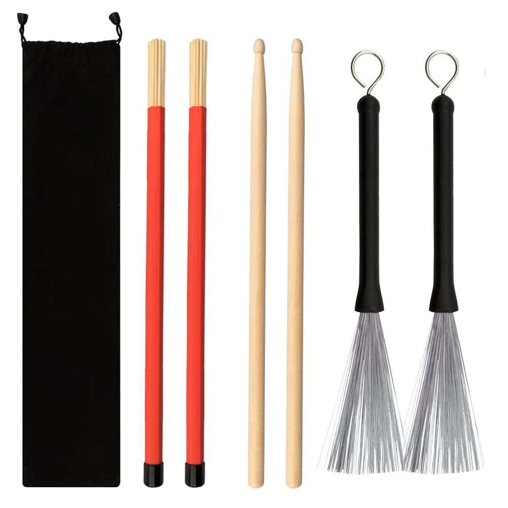 5A Maple Drum Sticks, drumsticks for adults,drum set brushes, Bamboo Sticks,Drum Kits, Percussion Instrument Accessories, 1 Pair Drum Brushes, 1 Pair Drum Sticks, 1 Pair 5A Drum Sticks, 1 Storage Bag.