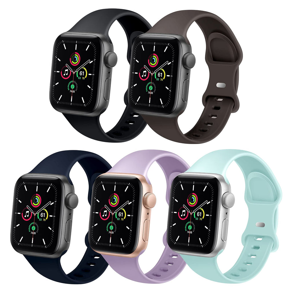 TSAAGAN 5 Pack Sport Silicone Band Compatible for Apple Watch Band 38mm 40mm 42mm 44mm, Soft Replacement Strap Accessory Wristband for iWatch Series SE/6/5/4/3/2/1 Women Men Black/Cocoa/Navy Blue/Lavender/Seafoam 38mm/40mm S/M