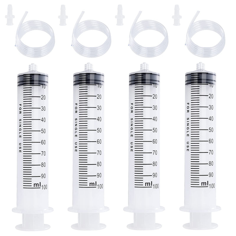 4 Pack 100ml Syringes, Large Plastic Syringe with 40inch Handy Plastic Tubing and Luer Connections for Scientific Labs, Watering, Feeding, Refilling, Injecting, Drawing Oil, Fluid and Water