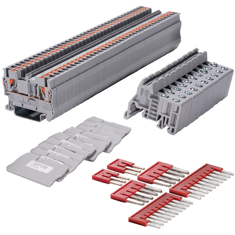 SIPUN ST2-2.5 Din Rail Terminal Block Spring Push in PT Type 2.5mm Screwless Wire Terminal 50 Pcs with Cover End Stop Jumper