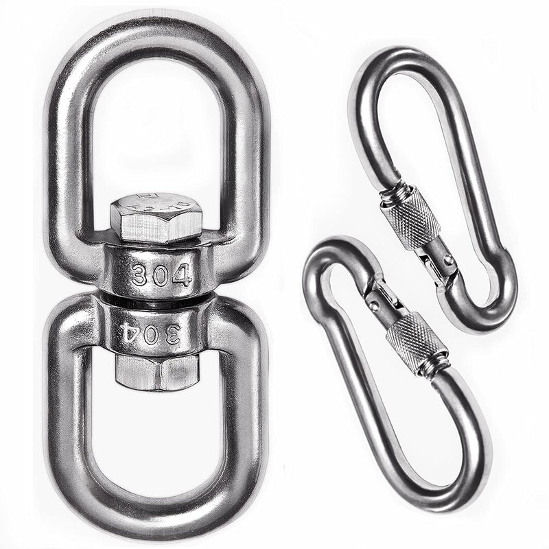 2+1 Heavy Duty 304 Stainless Steel Swivel Ring Double Ended Swivel Eye Hook with SUS304 Snap Hooks for Web Tree Swing, Therapy Swing, Aerial Dance, Swing Spinner Hanger, Reliable and Safe (M8) M8