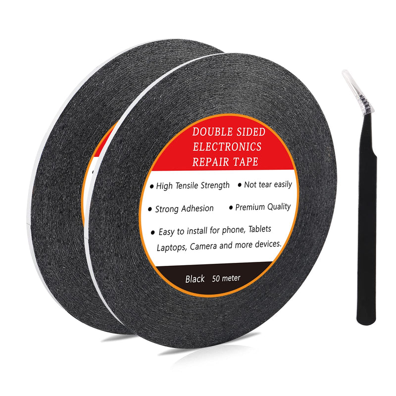 D-FLIFE 2pcs Double Sided Layer Strong Adhesive Tape 50 m Long Roll (Black) with 1 Tweezers for Smartphone Tablet Tablets, Laptops, Camera Repair (3MM) 3MM