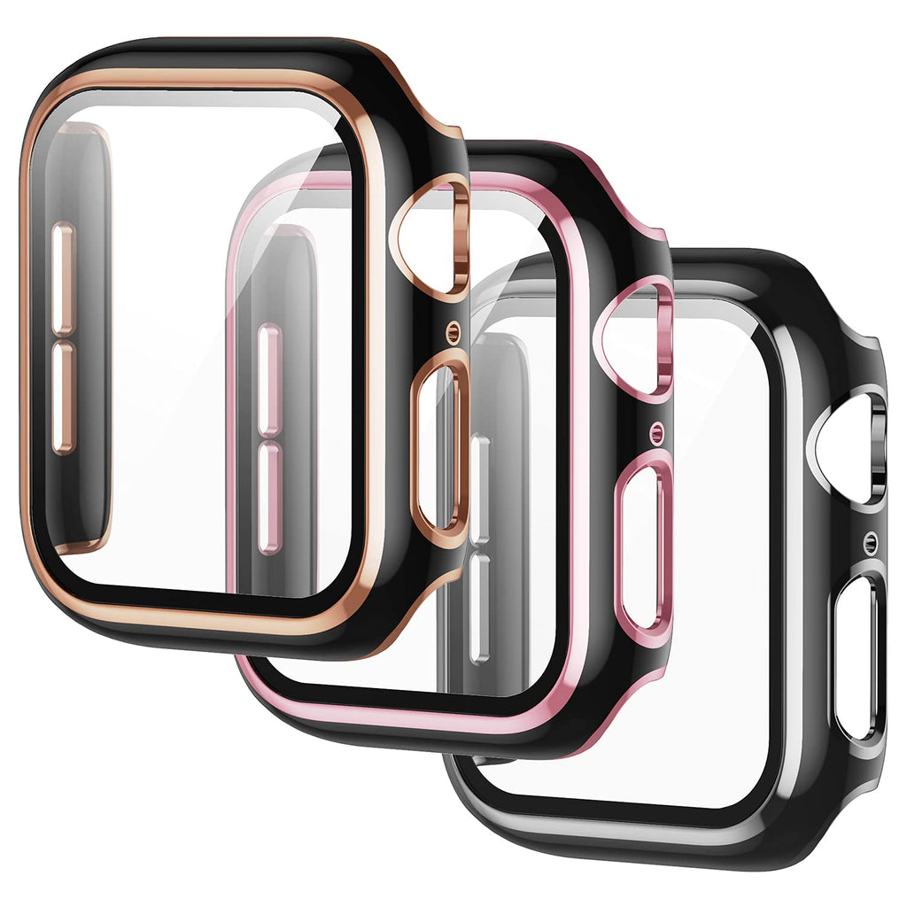 [3 Pack] AISIBY Case Compatible with Apple Watch Series 3/2/1 38mm Case with Tempered Glass Screen Protector Full Coverage HD Ultra-Thin Unbreakable Cover Compatible with iWatch 38mm(Black Bumper) Black-Rose gold/Pink/Sliver 38 mm