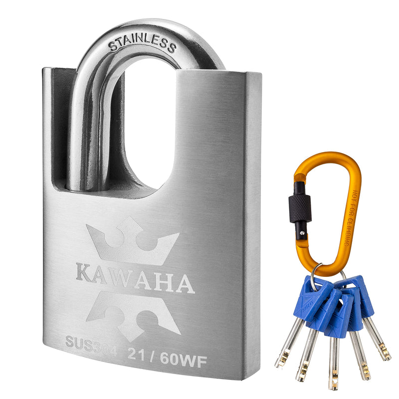 KAWAHA 21/60KD-5K High Security Stainless Steel Shrouded Padlock with Key for Both Indoor and Outdoor use (SUS304 Stainless Steel, Heavy Duty, Anti-Rust) (2-3/8 in. (60mm), Keyed Different - 5 Keys) 2-3/8 in. (60mm)