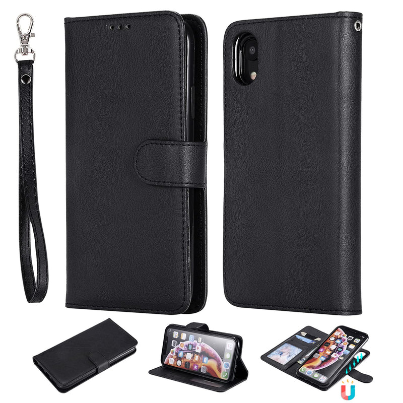 Wallet Case for iPhone XR, Detachable 2 in 1 Wallet Case with Card Holder, Magnetic Folio Case with Wrist Strap, Luxury PU Leather Flip Cover for iPhone XR 6.1 Inch, Wireless Charging, Black