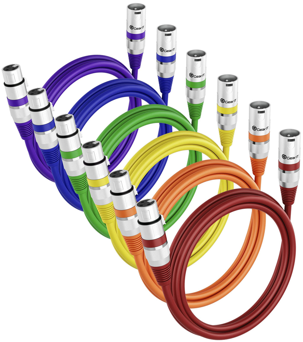 GearIT XLR to XLR Microphone Cable (1.5 Feet, 6 Pack) XLR Male to Female Mic Cable 3-Pin Balanced Shielded XLR Cable for Mic Mixer, Recording Studio, Podcast - Multi Colored, 1.5Ft, 6 Pack 1.5 Feet (6-Pack) Mixed