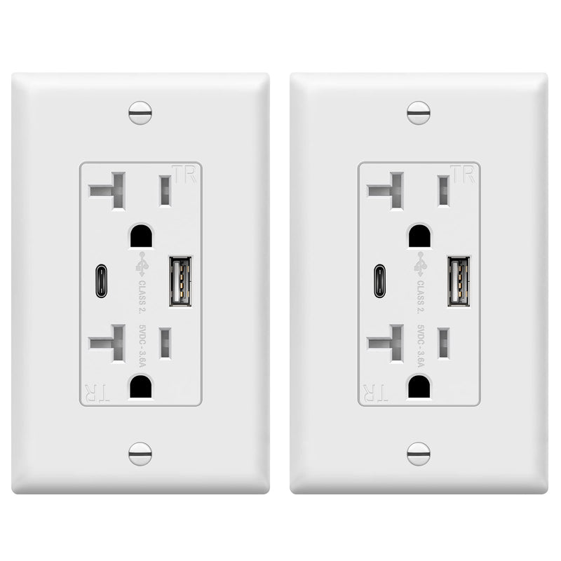 [AUSTRALIA] - TOPGREENER 20 Amp USB Outlet, Type C USB Wall Charger Outlet, 20A Tamper-Resistant Receptacle with 2 USB Charging Ports, TU22036AC-W-2PCS, White, 2 Pack 