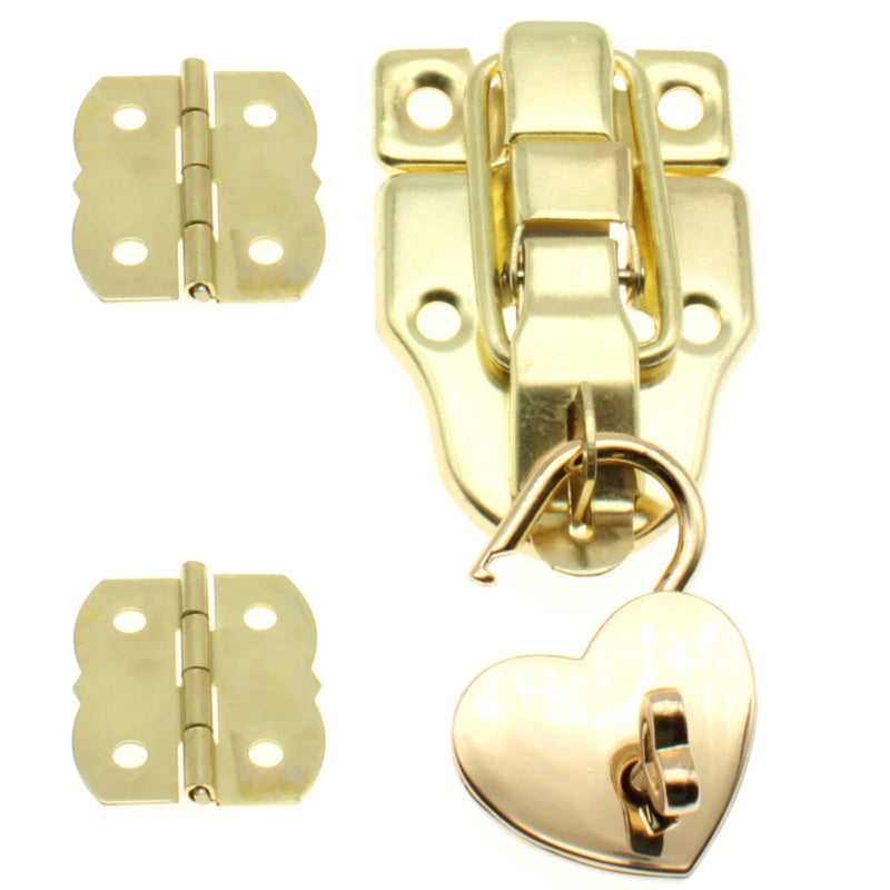 OZXNO Retro Style Duckbilled Toggle Hasp Latch Heart-Shaped Padlock and Antique Mini Folding Hinge Kit with Mouting Screws for Repair/Decorative Wooden Jewelry Box(Gold) 1 SET Gold