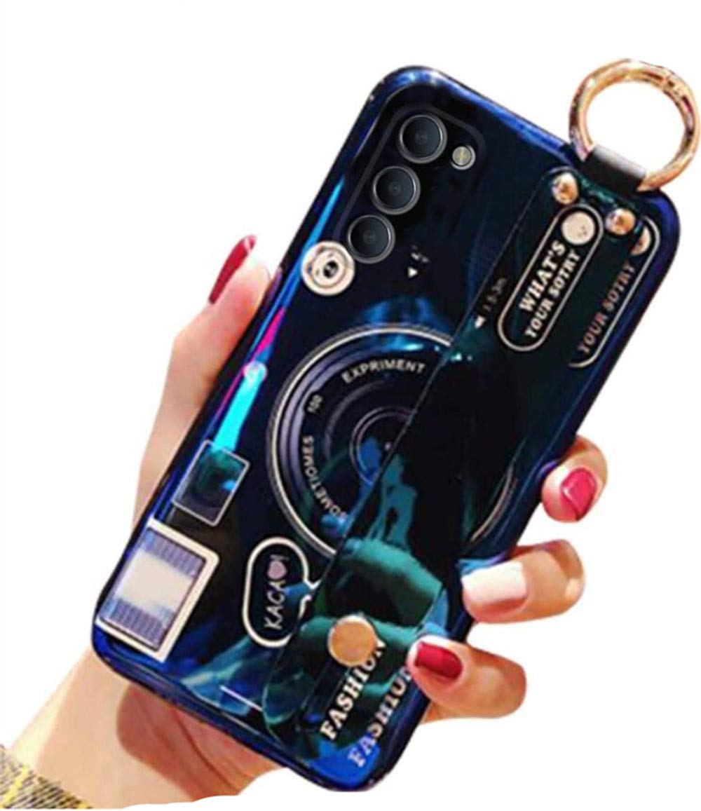 Aulzaju for Samsung S21 5G Case for Girls Women with Wrist Strap Kickstand 3D Cute Cartoon Camera Design with Loopy Ring Holder Luxury Pretty Glitter Soft TPU Bumper Phone Case for Galaxy S21 Blue samsung galaxy s21
