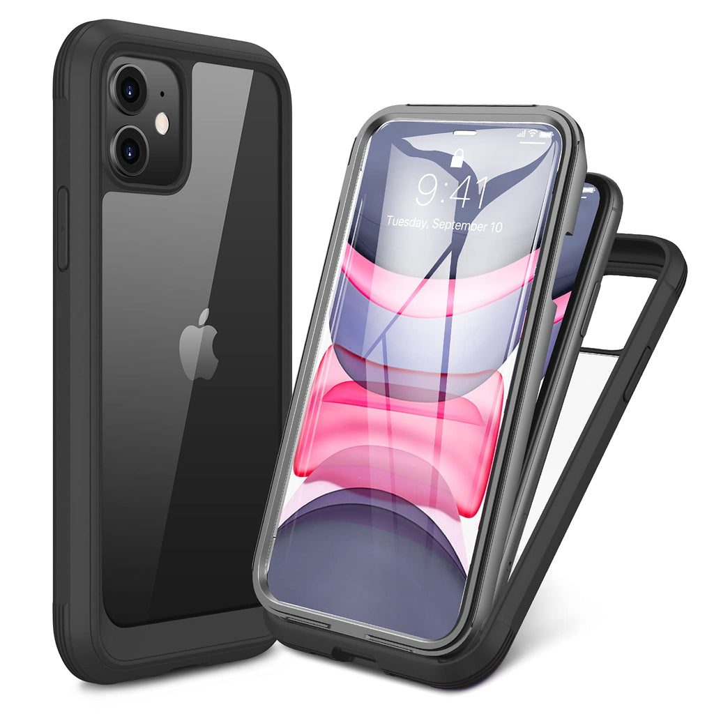 Miracase Glass+ Case for iPhone 11 6.1 inch, 2021 Upgrade Full-Body Clear Bumper Case with Built-in 9H Tempered Glass Screen Protector for iPhone 11, Black
