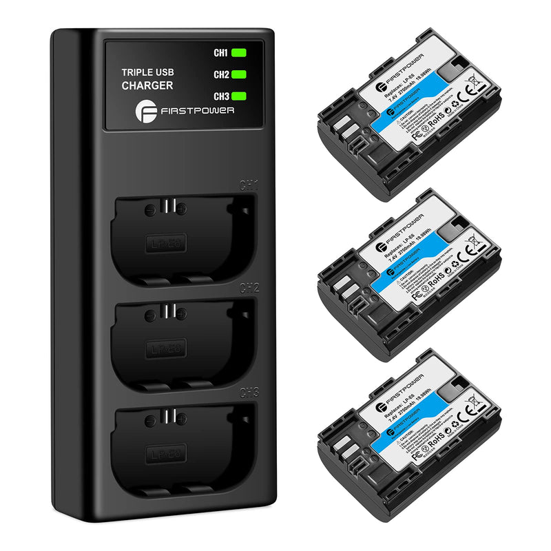 FirstPower LP-E6 LP E6N Battery 3-Pack 2700mAh and Triple Slot Charger for Canon EOS 5D Mark II III IV, 5DS, 5DS R, 6D, 6D Mark II, 7D, 7D Mark II, 60D, 70D, 80D, 90D