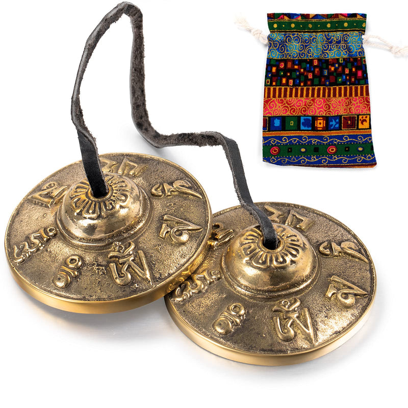 Tibetan Tingsha Cymbals Meditation Chime Bells with Tibetan drawstring Cloth Bag, 6.5 cm Meditation Chime Bells, Om Mane Padme Hum for Percussion Instrument