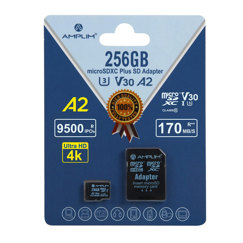 Amplim 256GB Micro SD Card, New 2021 MicroSD Memory Plus Adapter, Extreme High Speed 170MB/S A2 MicroSDXC U3 Class 10 V30 UHS-I for Nintendo-Switch, GoPro Hero, Surface, Phone, Camera Cam, Tablet 256GB A2