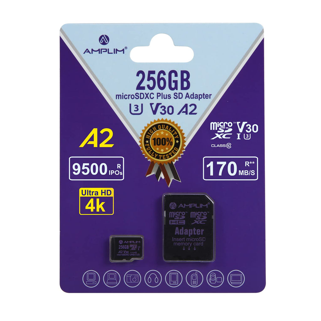 Amplim Micro SD Card 256GB, New 2021 MicroSD Memory Plus Adapter, Extreme High Speed 170MB/S A2 MicroSDXC U3 Class 10 V30 UHS-I for Nintendo-Switch, GoPro Hero, Surface, Phone, Camera Cam, Tablet 256GB A2