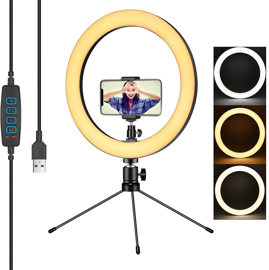 10" LED Ring Light with Tripod Stand & Phone Holder for Computer/Desk & YouTube Video, Dimmable Desk Makeup Ring Light for Photography, Shooting with 3 Light Modes & 14 Brightness Level Pack 1
