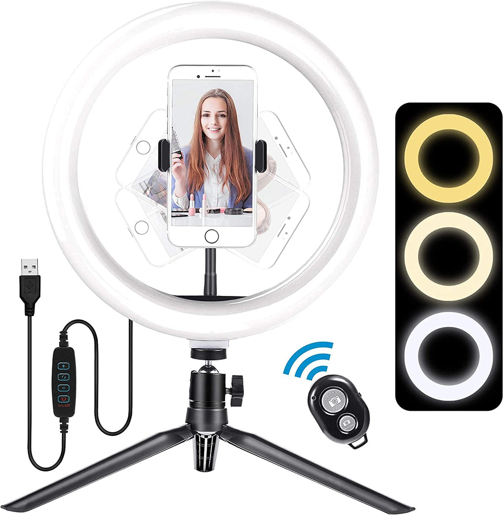 10.2" Selfie Ring Light with Tripod Stand, Ring Light with Cell Phone Holder with Remote Ringlight 3 Modes & 11 Brightness for Live Stream Makeup YouTube Tiktok Photography Video Conference