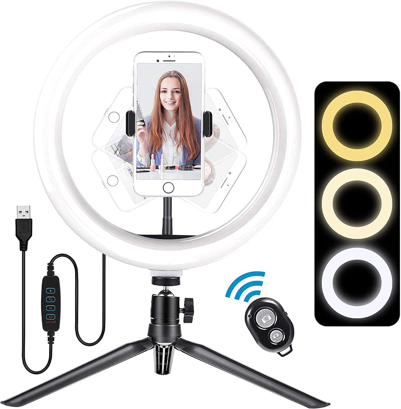 10.2" Selfie Ring Light with Tripod Stand, Ring Light with Cell Phone Holder with Remote Ringlight 3 Modes & 11 Brightness for Live Stream Makeup YouTube Tiktok Photography Video Conference