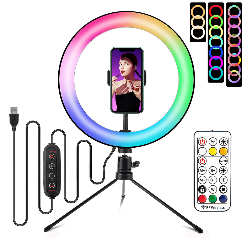 10" RGB Ring Light with Tripod Stand & Phone Holder for Computer/Desk &YouTube Video, 10" LED Ring Light 26 RGB Modes Dimmable Desk Makeup Ring Light for Live Stream/Makeup/Video Recording/Photography Pack-1