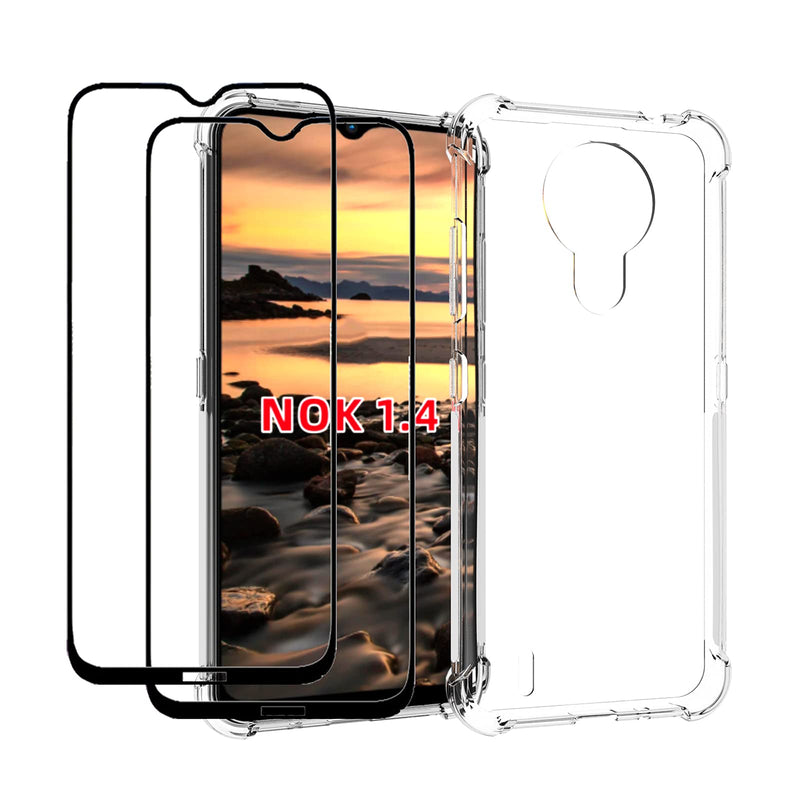 QCMM Compatible for Nokia 1.4 Case with Tempered Glass (2 Pieces) Slim Shock Absorption TPU Soft Edge Bumper with Reinforced Corners Transparent Protective Cover