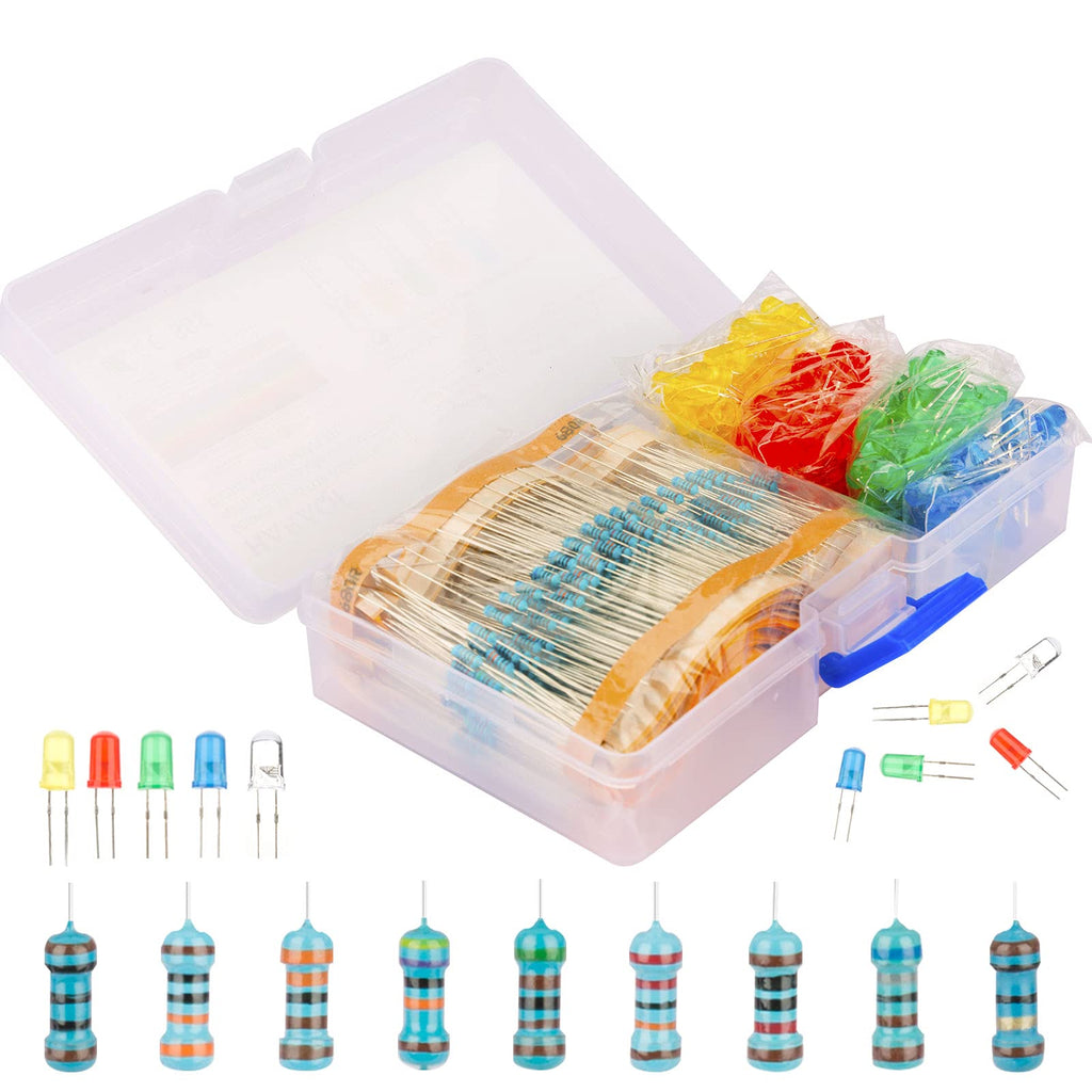 600Pcs Resistor Assortment Kit from 10 Ohm to 1M Ohm with 200Pcs 5mm LED Light Emitting Diode Assortment Kit for DIY Electric Projects