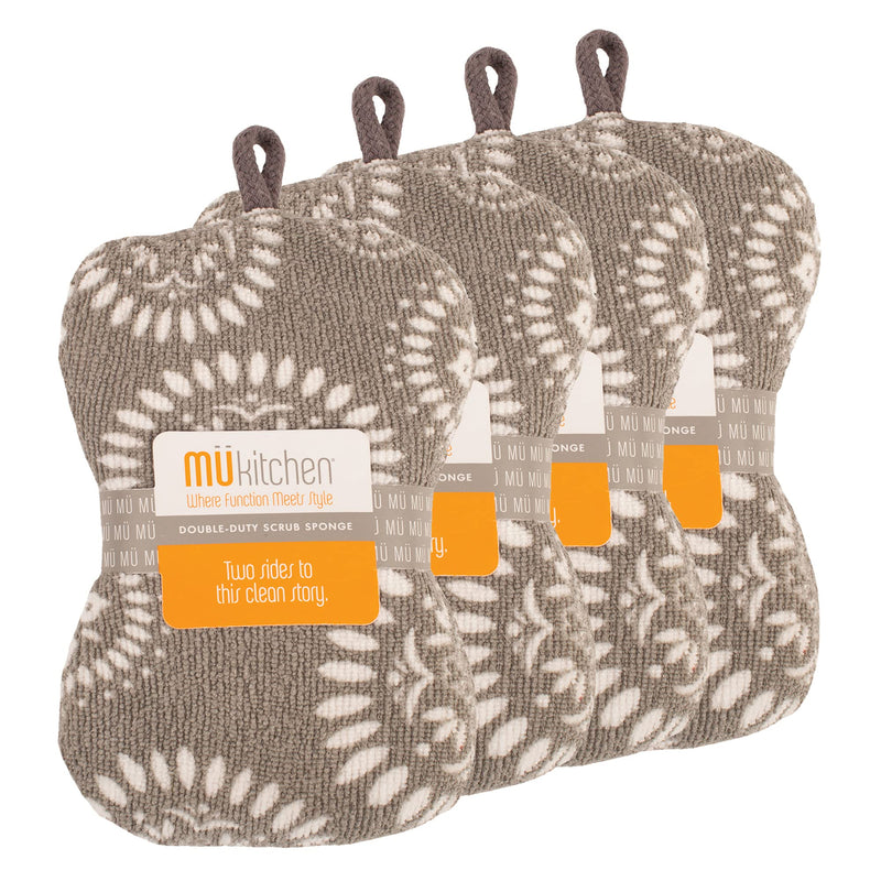 MÜkitchen | Sponge for Dishes and Household Cleaning | Microfiber Print & a Non-Scratch Scrub Pad | Washable & Reusable | Set of 4 | Medallion Gray