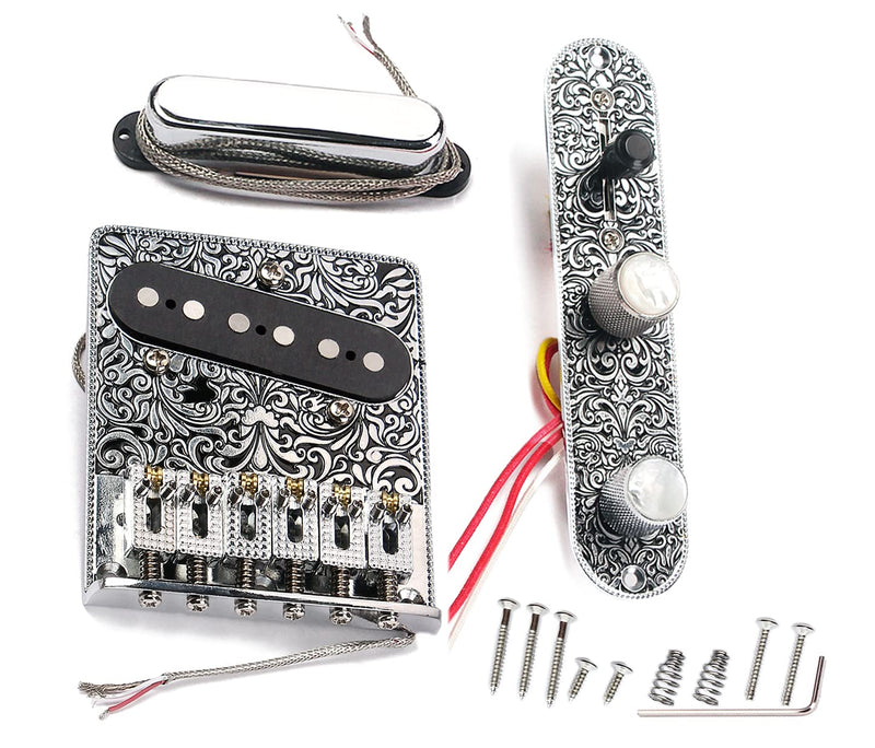 LAMSAM Telecaster Saddles Plate Loaded AlNiCo Bridge Neck Pickups Set, Tele Guitar Control Plate Pre-wired 3 Position Toggle Switch Tone Volume Pots, Knurled Control Knobs with Dome Pearloid Top black