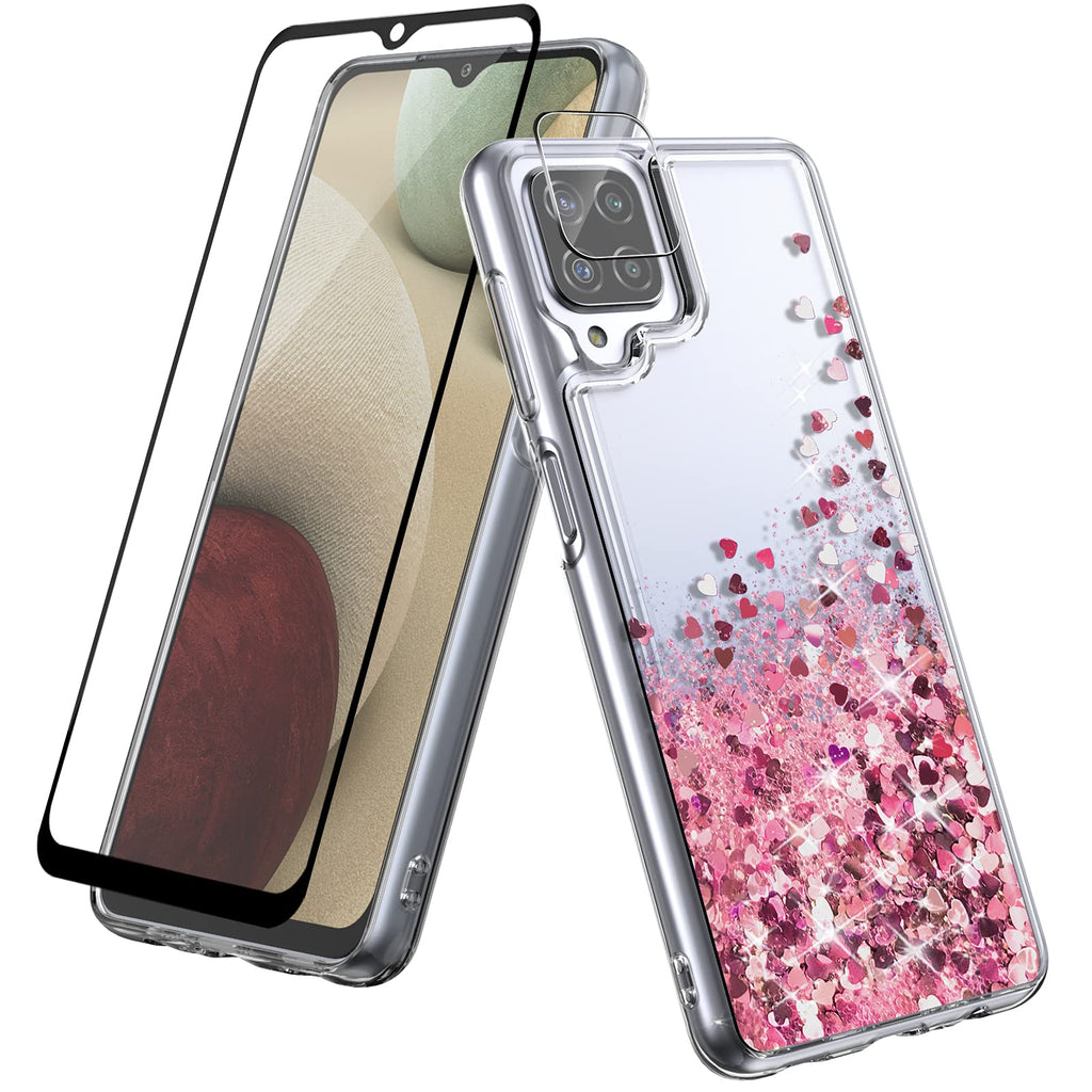 DagoRoo for Samsung Galaxy A12 5G Case with Tempered Glass Screen + Camera Lens Protector, Galaxy A12 5G Bling Liquid Case, Flexible TPU Shockproof Protective Cover for Girls Women (LS-Rose Gold) LS-Rose Gold