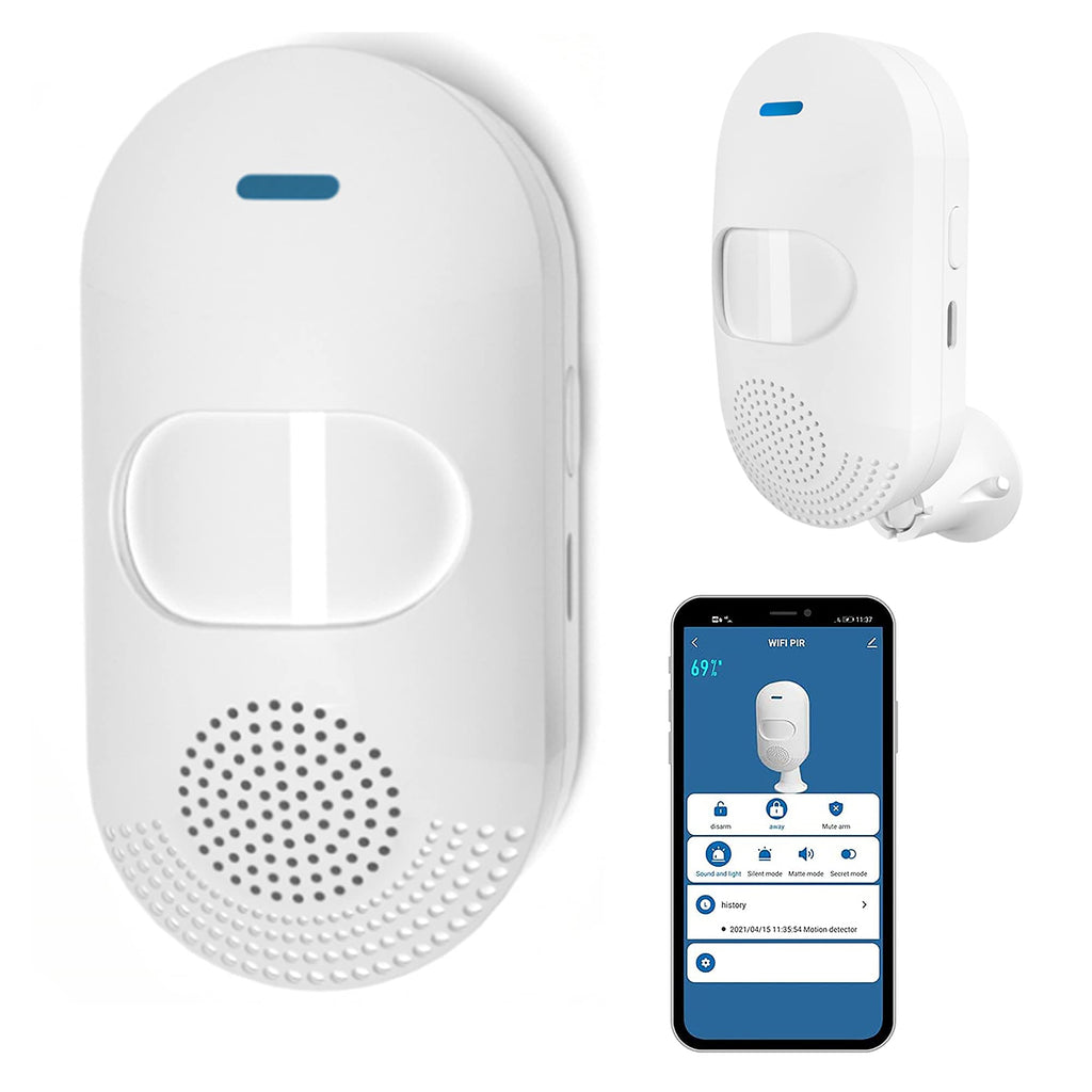 Wireless PIR Motion Sensor Alarm: WiFi Motion Detector Alarm with 100dB Siren, TUYA APP Control, Sound & Light Alarm, Infrared Alarm Detector with USB Charge, Compatible with Alexa