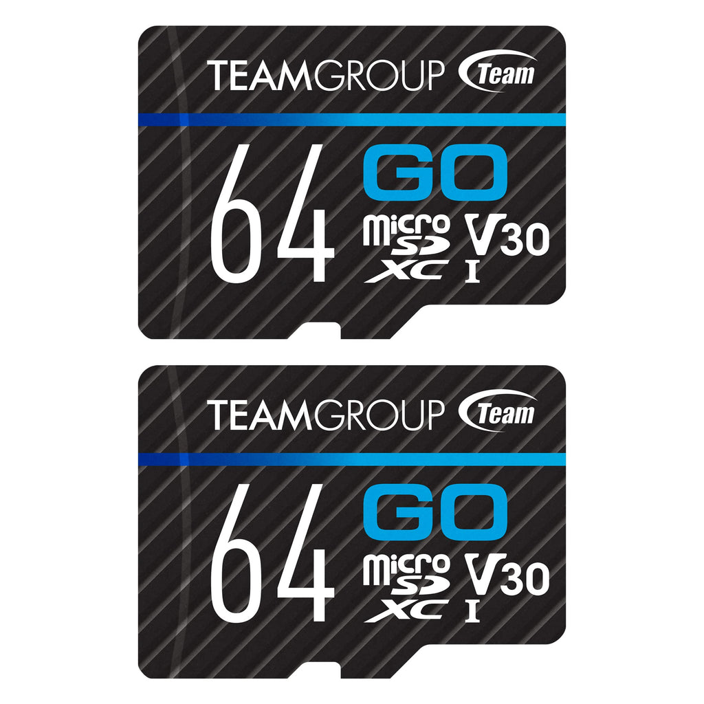 TEAMGROUP GO Card 64GB x 2 Pack Micro SDXC UHS-I U3 V30 4K for GoPro & Drone & Action Cameras High Speed Flash Memory Card with Adapter for Outdoor, Sports, 4K Shooting, Nintendo-Switch TGUSDX64GU364 GO U3 V30