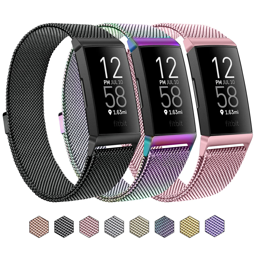 3 Pack Metal Bands for Fitbit Charge 4 & Charge 3 & Charge 3 SE, Stainless Steel Magnetic Lock Replacement Bands for Charge 4 Women Men Small Large Black+Colorful+Rose Pink