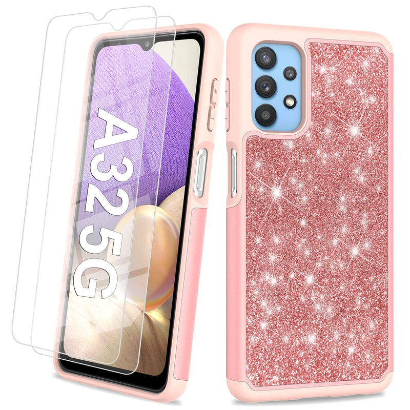 UNPEY for Samsung Galaxy A32 5G Case for Women Girls 6.5 Inch | Glitter Phone Case with Tempered Glass Screen Protectors | TPU + PC Heavy Duty Protective Cover 2021 (Rose Gold Glittery) Rose Gold Glittery
