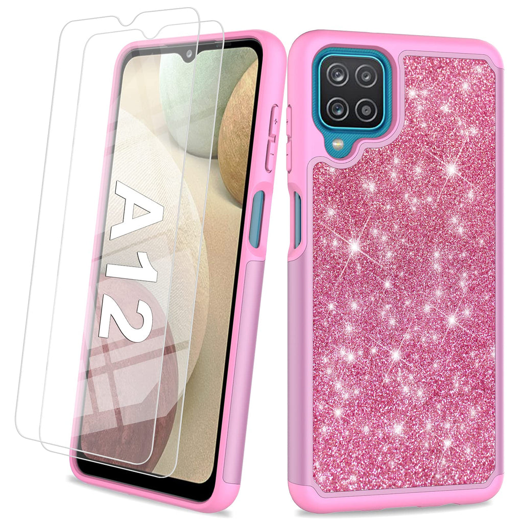 Glitter Case for Samsung Galaxy A12 6.5 Inch | Cute Sparkle Protective Cell Phone Basic Case for Girls Women | TPU+PC Anti-Shock Anti-Scratch Covers 2021 (Pink Glittery) Pink Glittery