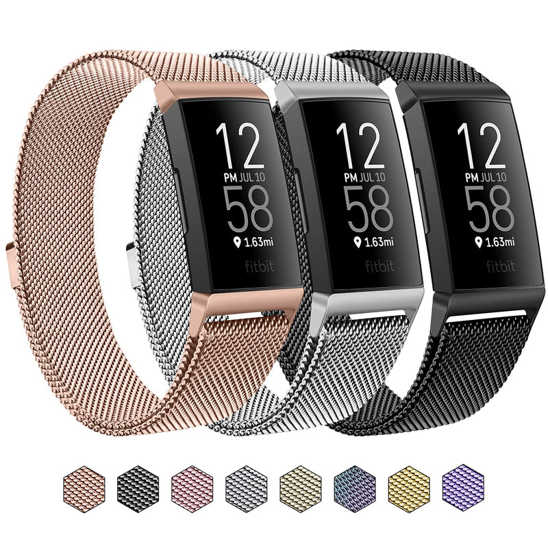 3 Pack Metal Bands for Fitbit Charge 4 & Charge 3 & Charge 3 SE, Stainless Steel Magnetic Lock Replacement Bands for Charge 4 Women Men Small Large Black+Rose Gold+Silver